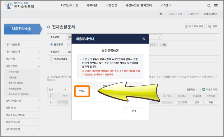 보정명령 보정서 셀프 제출방법 개명 선택화면